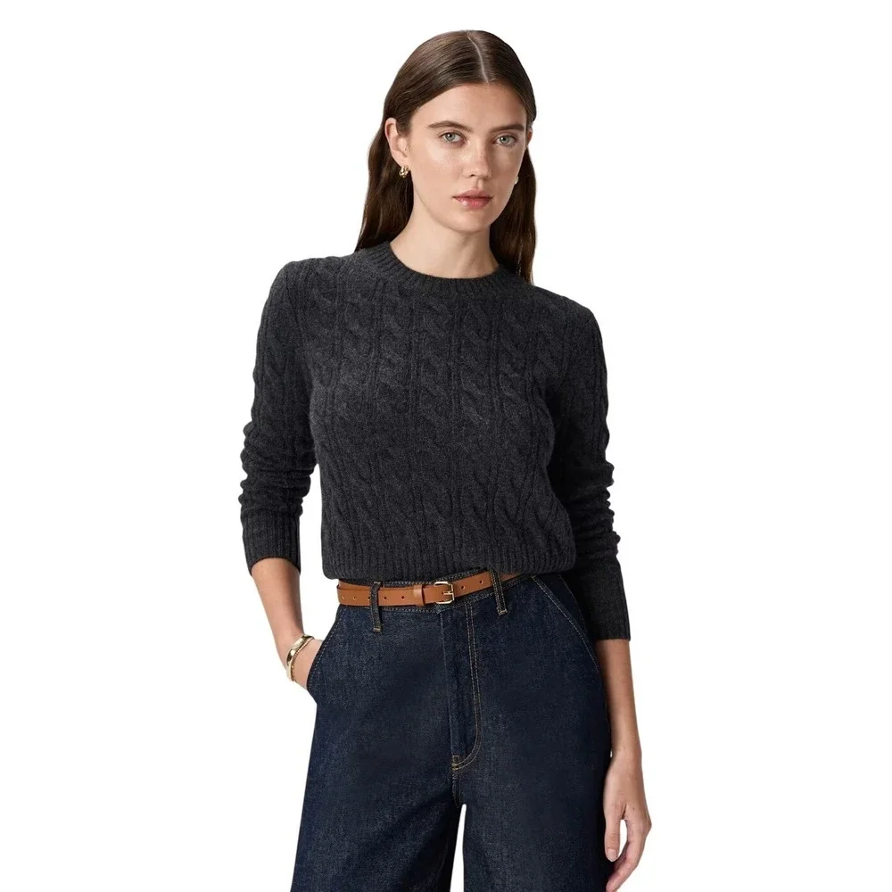 Quince Mongolian Cashmere Shrunken Cable Crewneck Sweater Charcoal Grey Small